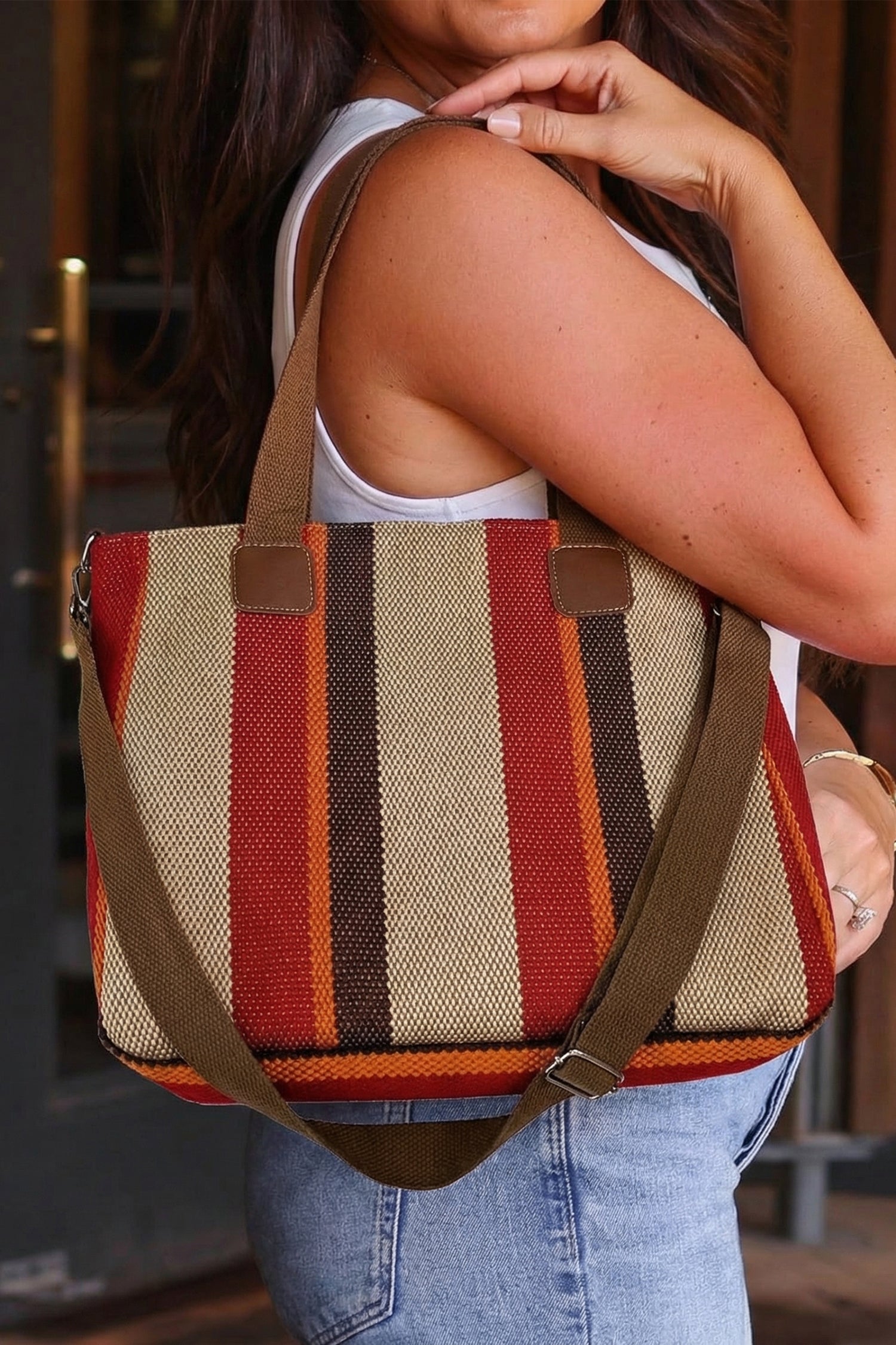 Fiery Red Canvas Striped Convertible Tote Bag