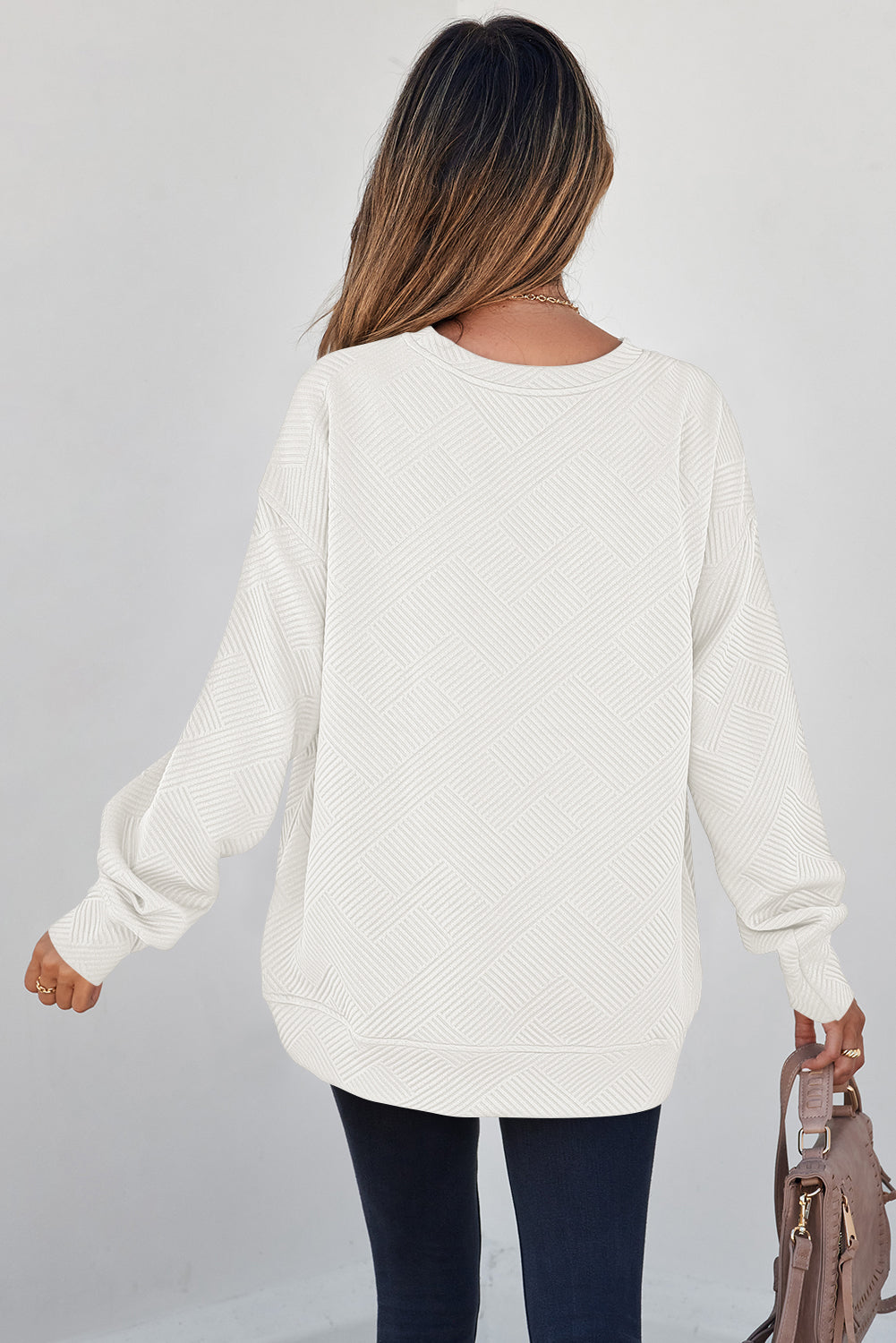Black Solid Color Textured Round Neck Drop Shoulder Pullover Sweatshirt