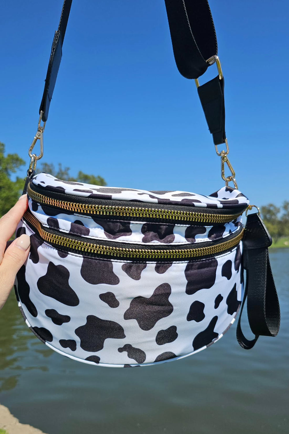 White Animal Spots Print Wide Strap Large Crossbody Bag