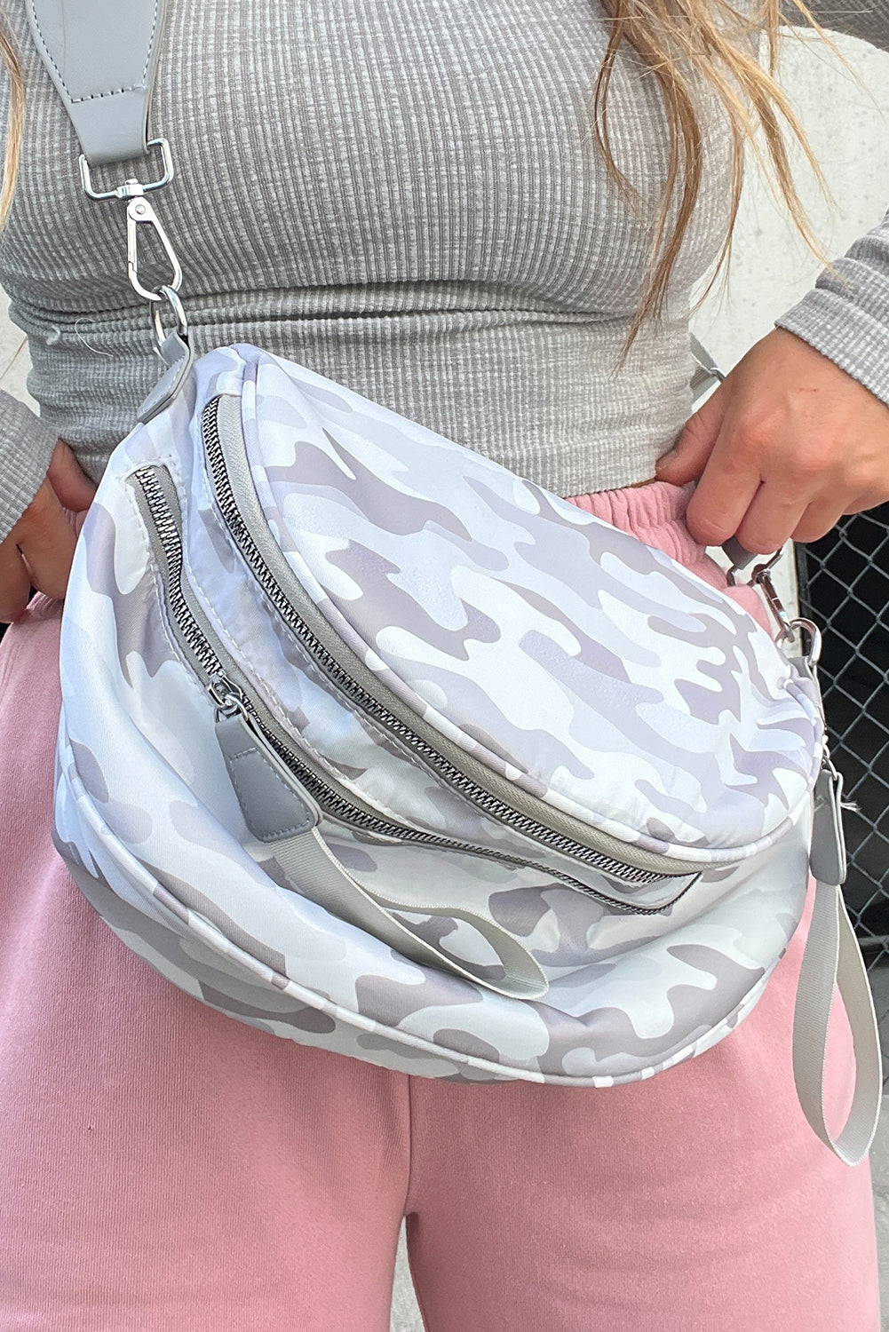 Medium Grey Abstract Print Double Zip Fashion Crossbody Bag