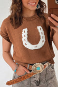 Chestnut Western Horseshoe Pattern Short Sleeve Knit Sweater