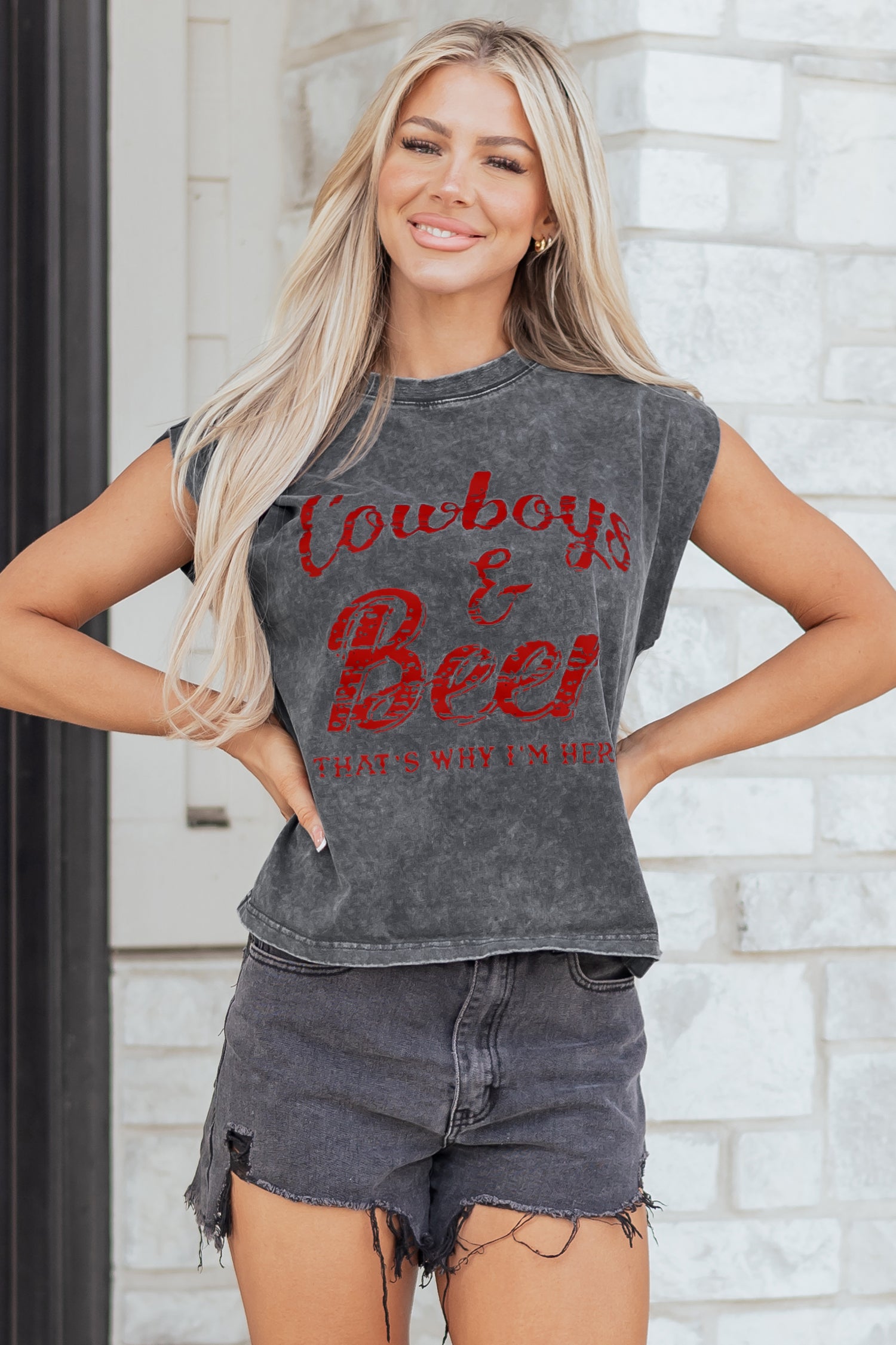 Smoke Gray COWGIRLS DONT CRY Western Graphic Mineral Wash Tank Top