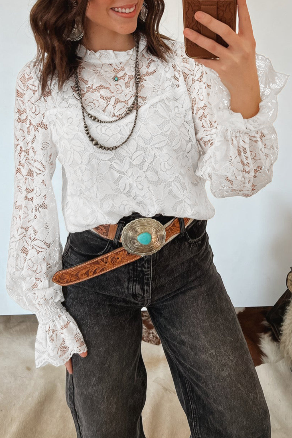 White Ruffled Round Neck Long Flounce Sleeve Sheer Lace Blouse