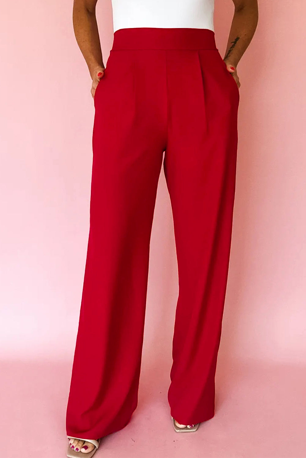 Black Pleated Detail Pull On High Elastic Waist Loose Straight Pants