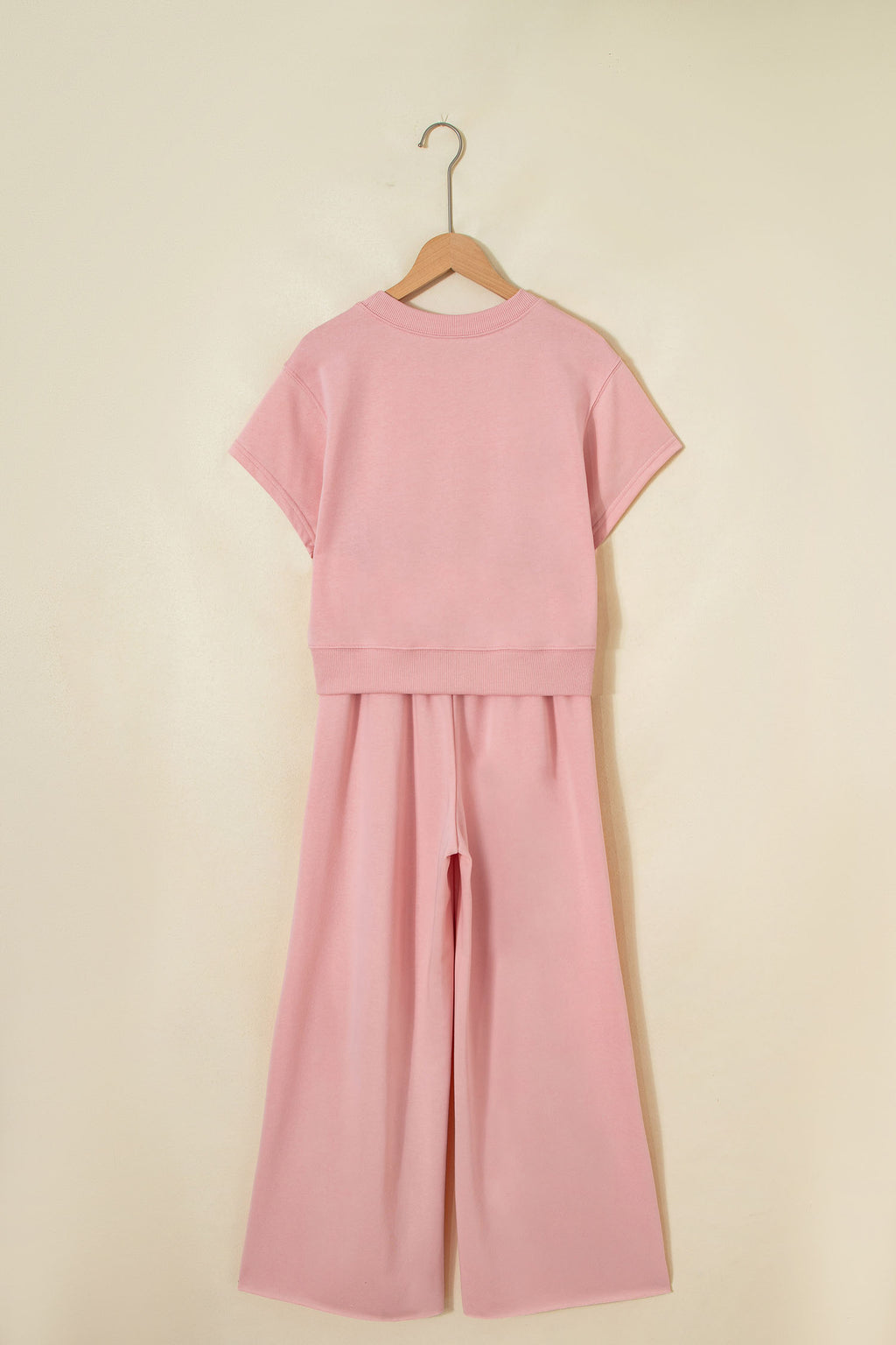 Parchment Solid Color Loose Tee Drawstring Wide Leg Pants 2pcs Outfit