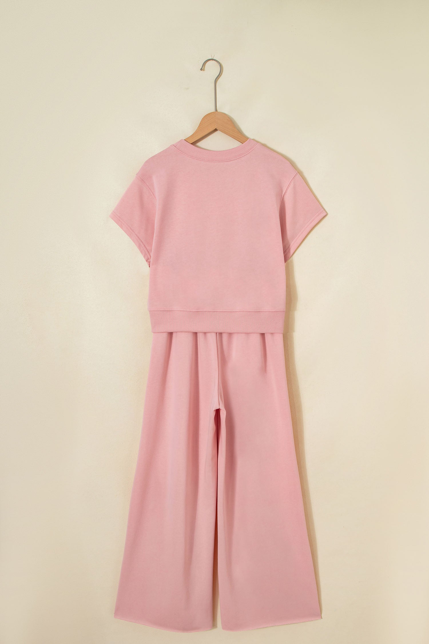 Parchment Solid Color Loose Tee Drawstring Wide Leg Pants 2pcs Outfit