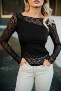 Black Asymmetric Panels Sheer Floral Lace Patchwork Long Sleeve Top
