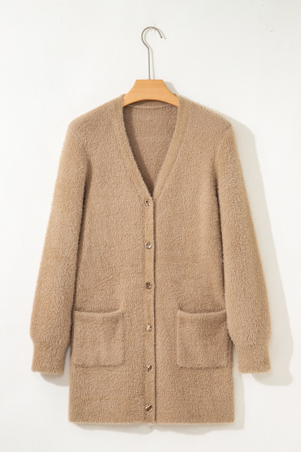 White Fuzzy Buttoned Front Midi Solid Cardigan