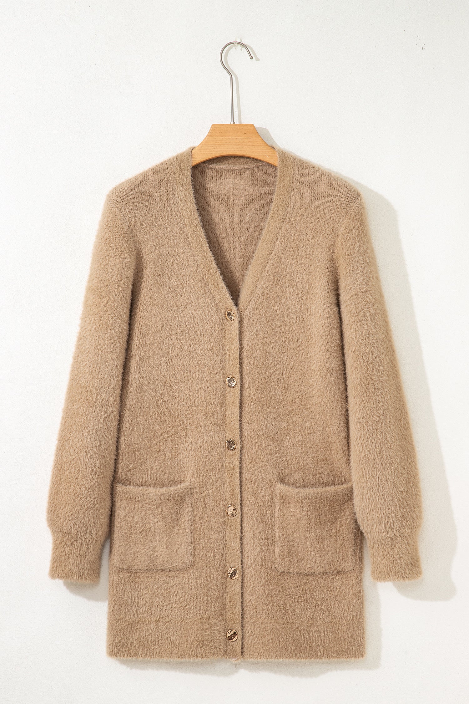White Fuzzy Buttoned Front Midi Solid Cardigan