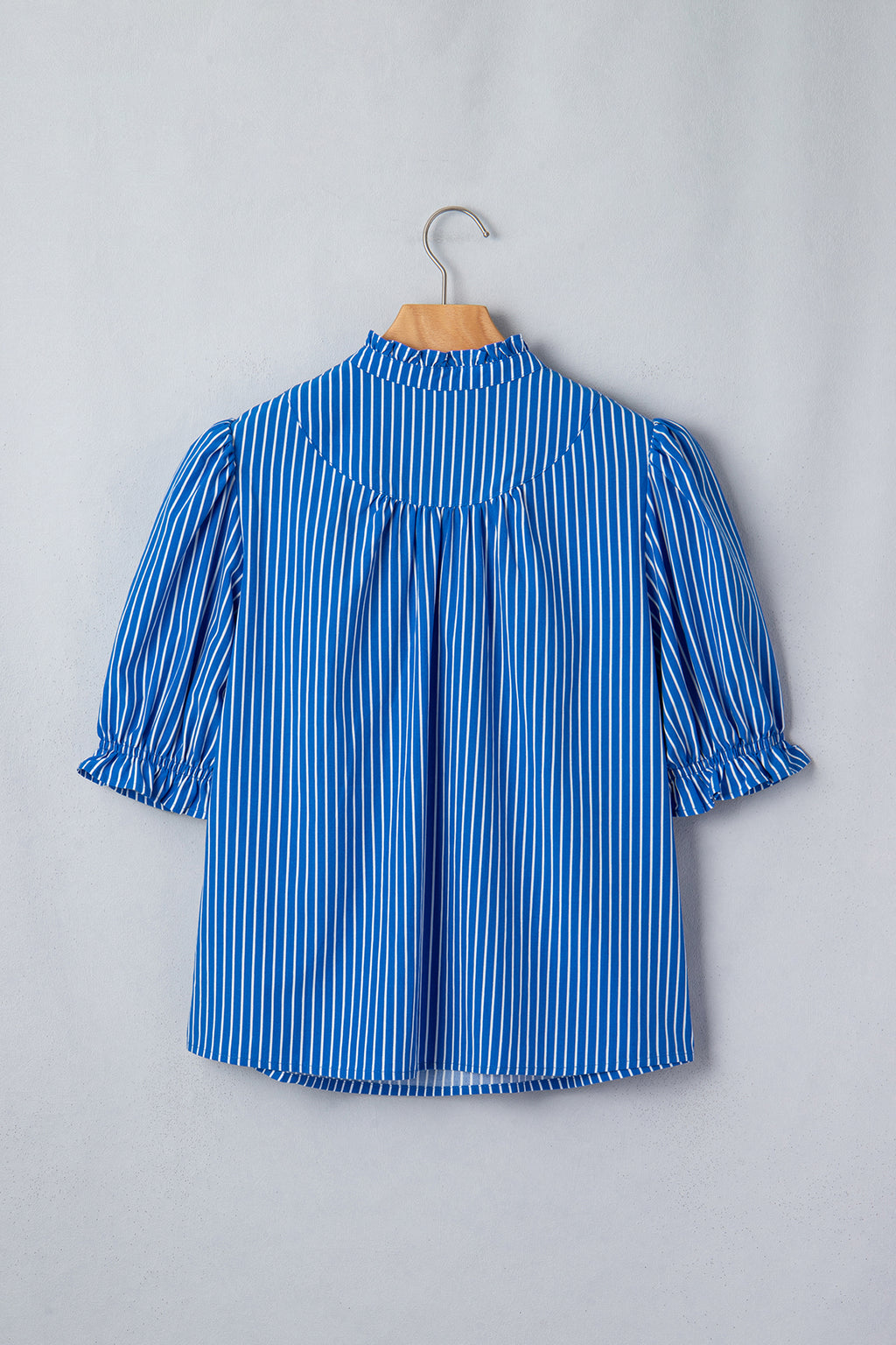 Blue Stripe Ruffled Short Puff Sleeve Button Front Blouse