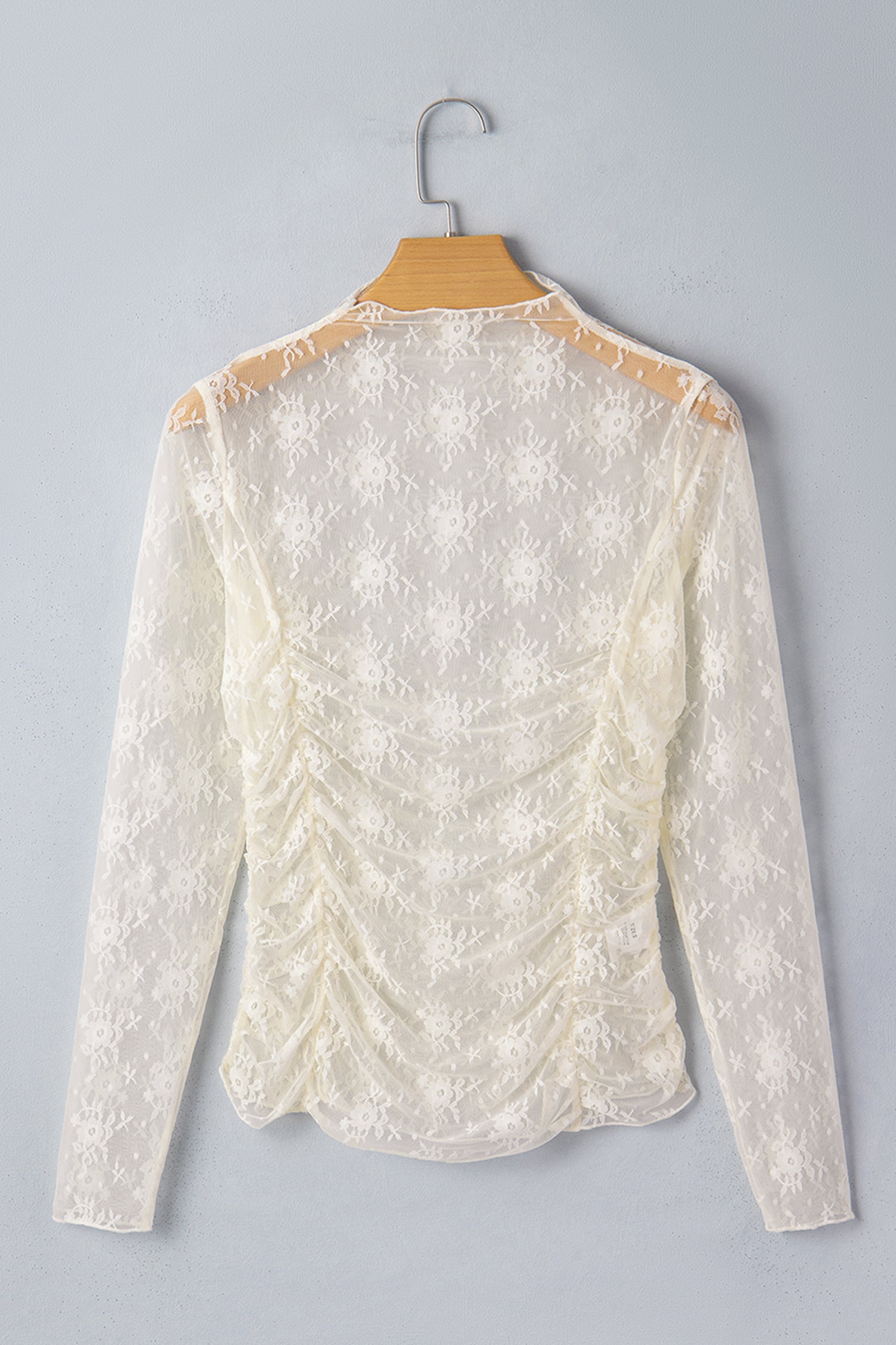 Jet Stream Sheer Floral Mesh Ruched Long Sleeve Top
