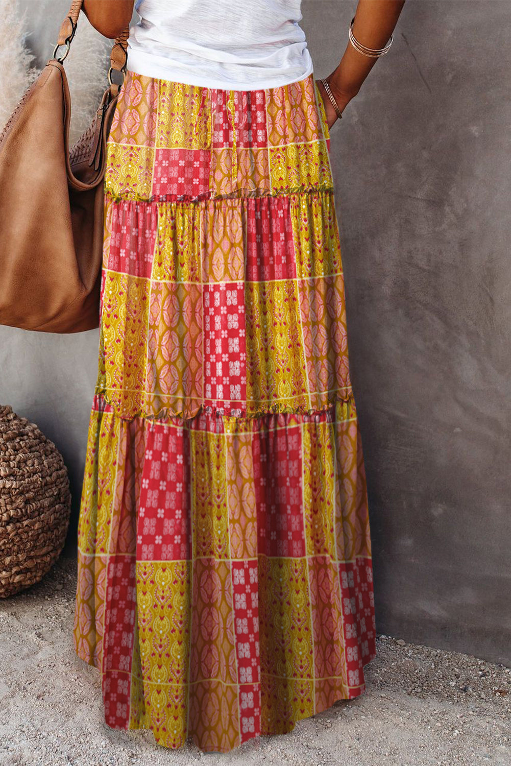 Orange Tiered Paisley Print Pocketed Maxi Skirt