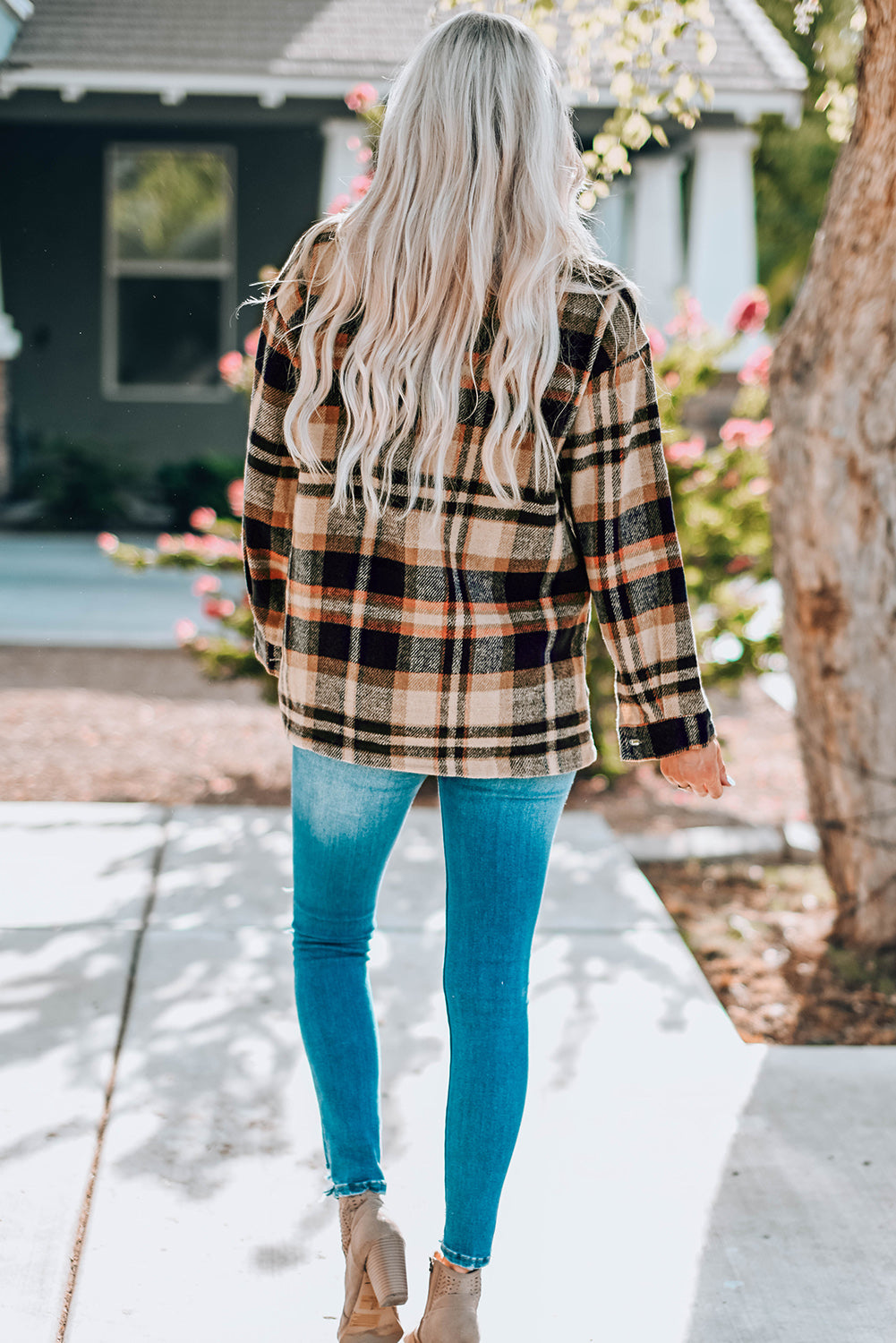Khaki Geometric Plaid Print Pocketed Shacket
