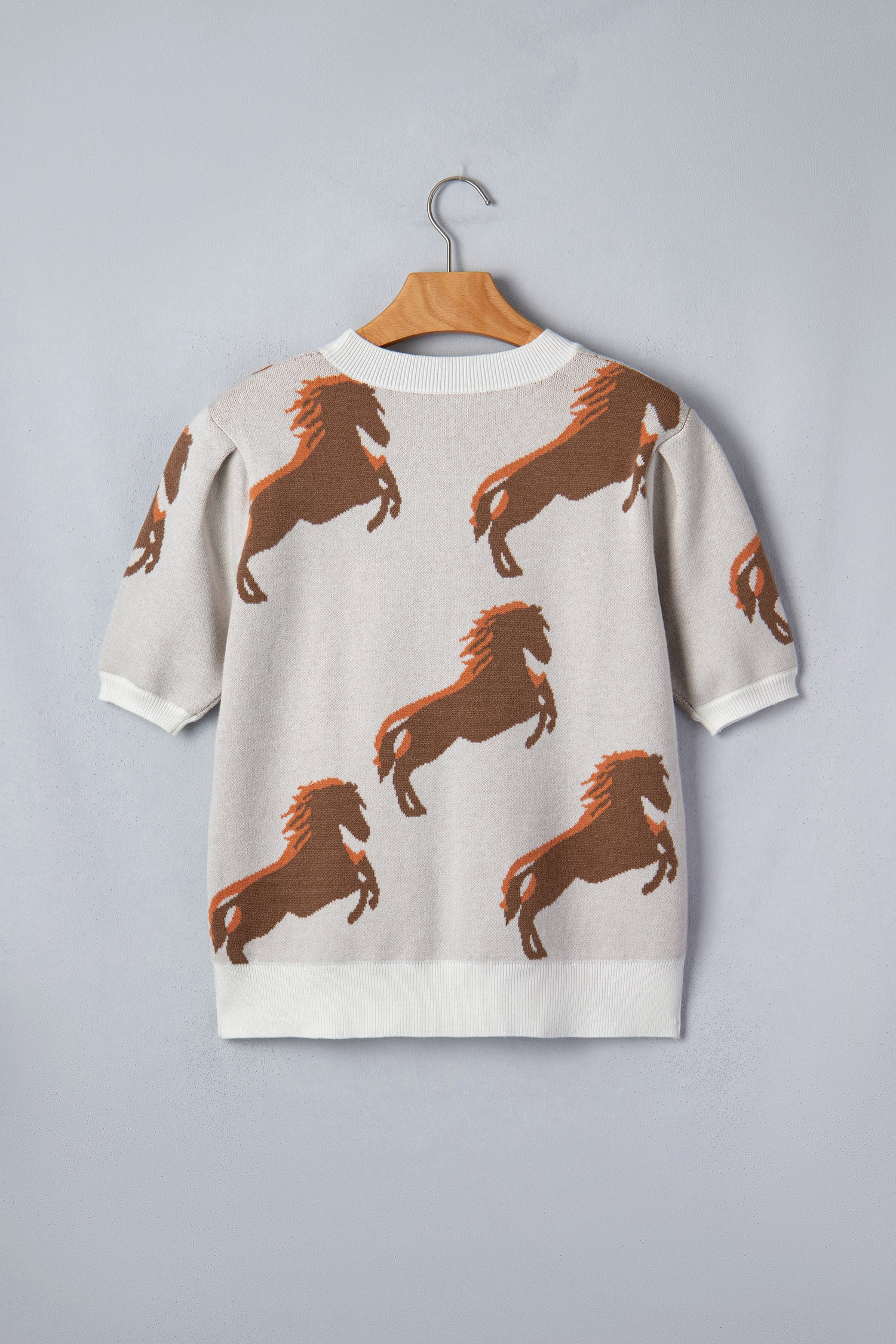 White Western Horse Printed Short Puff Sleeve Sweater