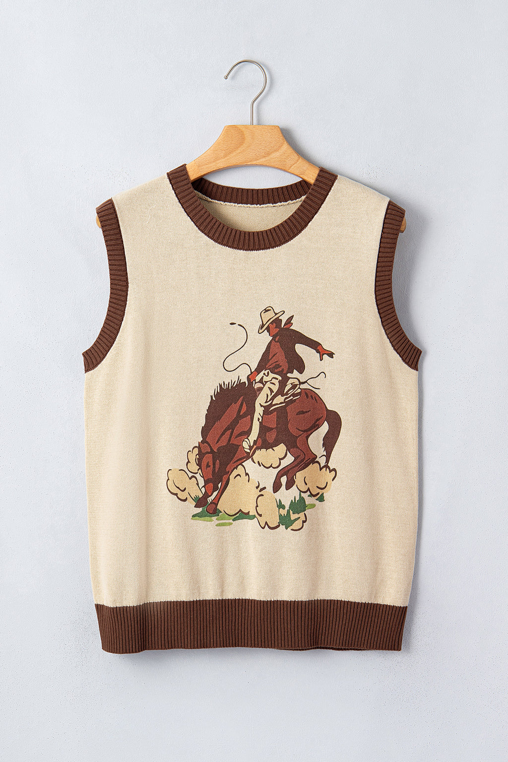 Khaki Western Print Colorblock Trim Sleeveless Knitwear Vest