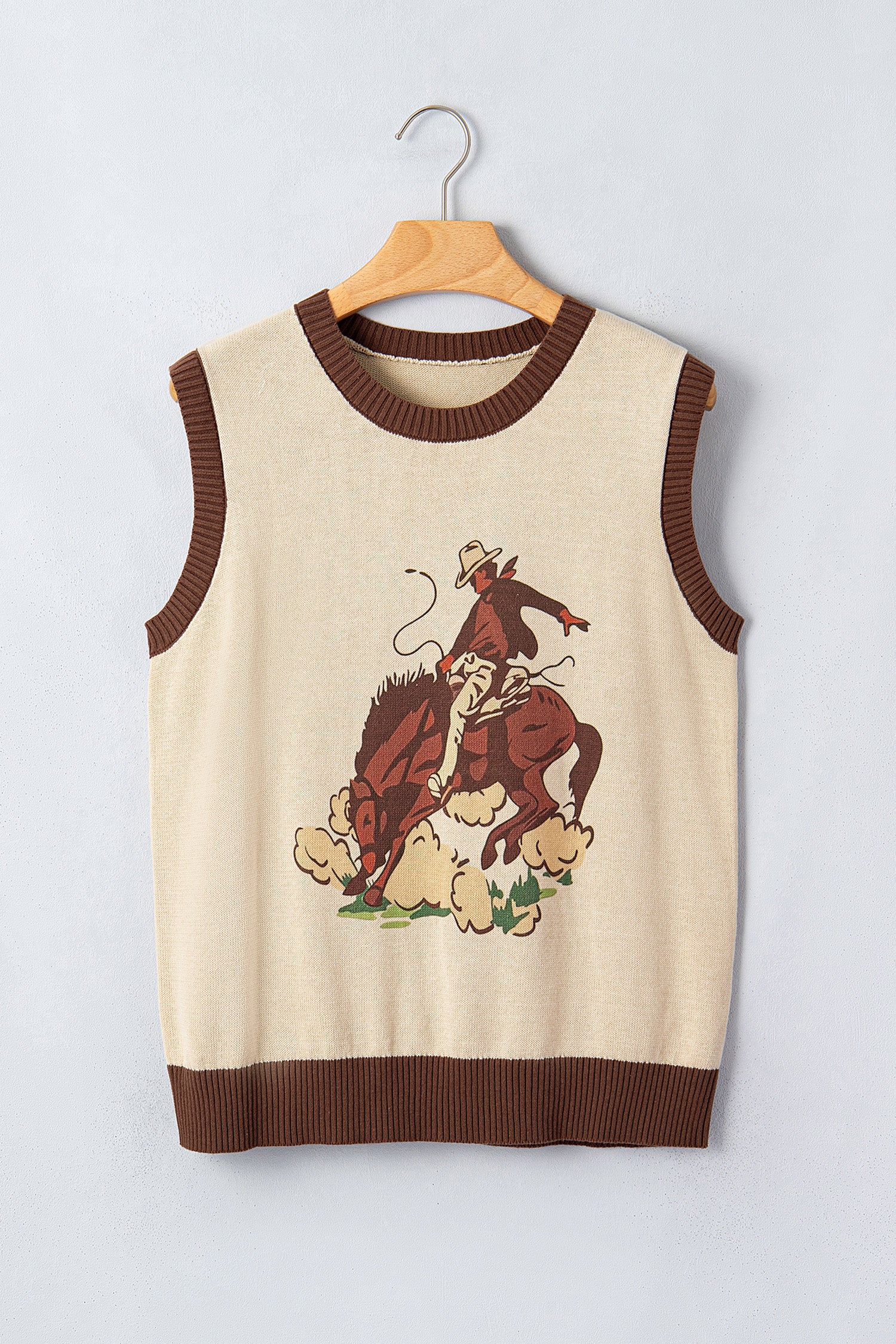 Khaki Western Print Colorblock Trim Sleeveless Knitwear Vest