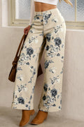 Beige Retro Floral Print Turn-up Cuffed Hem Loose Jeans