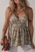 Khaki Paisley Printed Spaghetti Strap V Neck Smocked Babydoll Tank Top