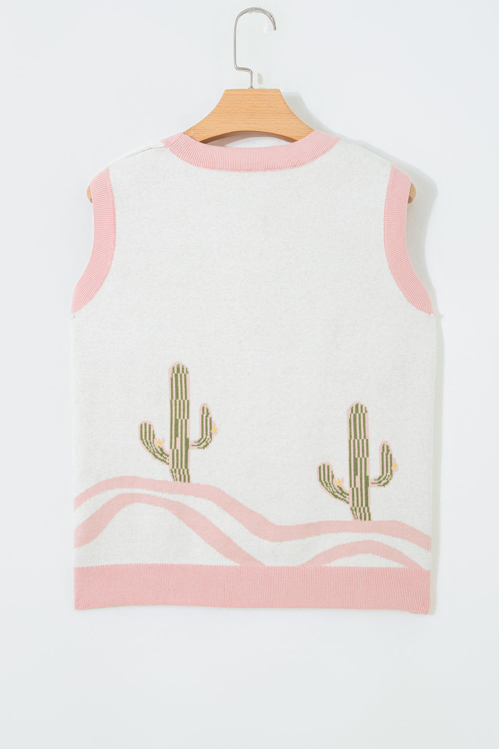 Pink Color Block Trim Button Front Cactus Pattern Western Sweater Vest