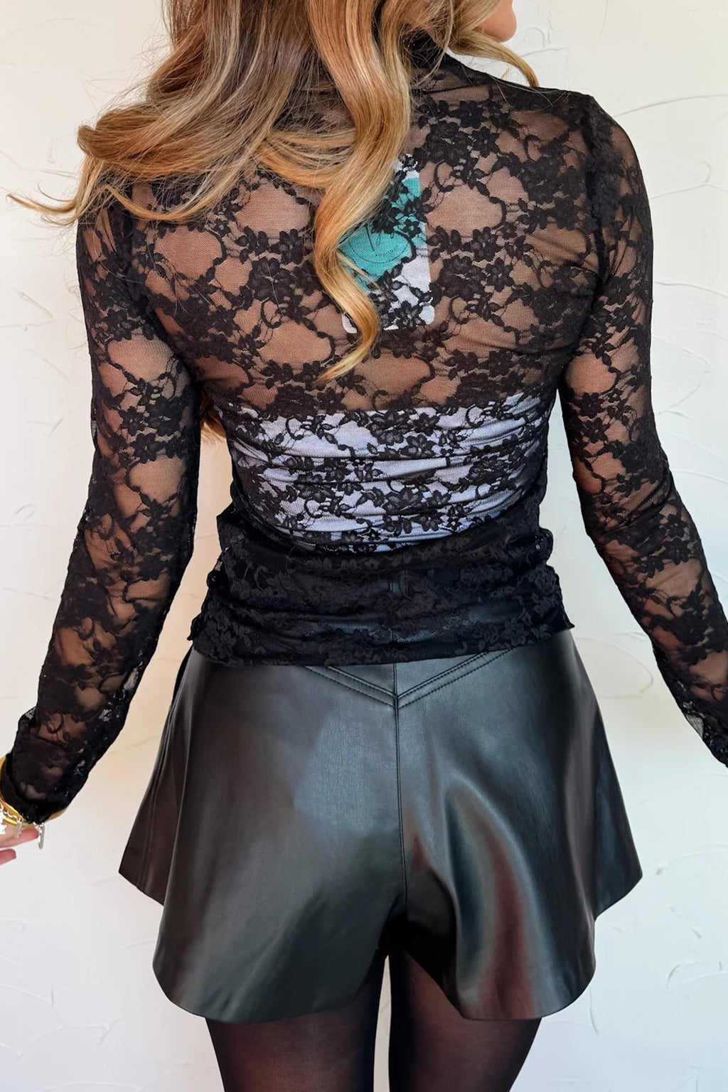 Black Sheer Floral Lace Lettuce Trim Mock Neck Long Sleeve Top