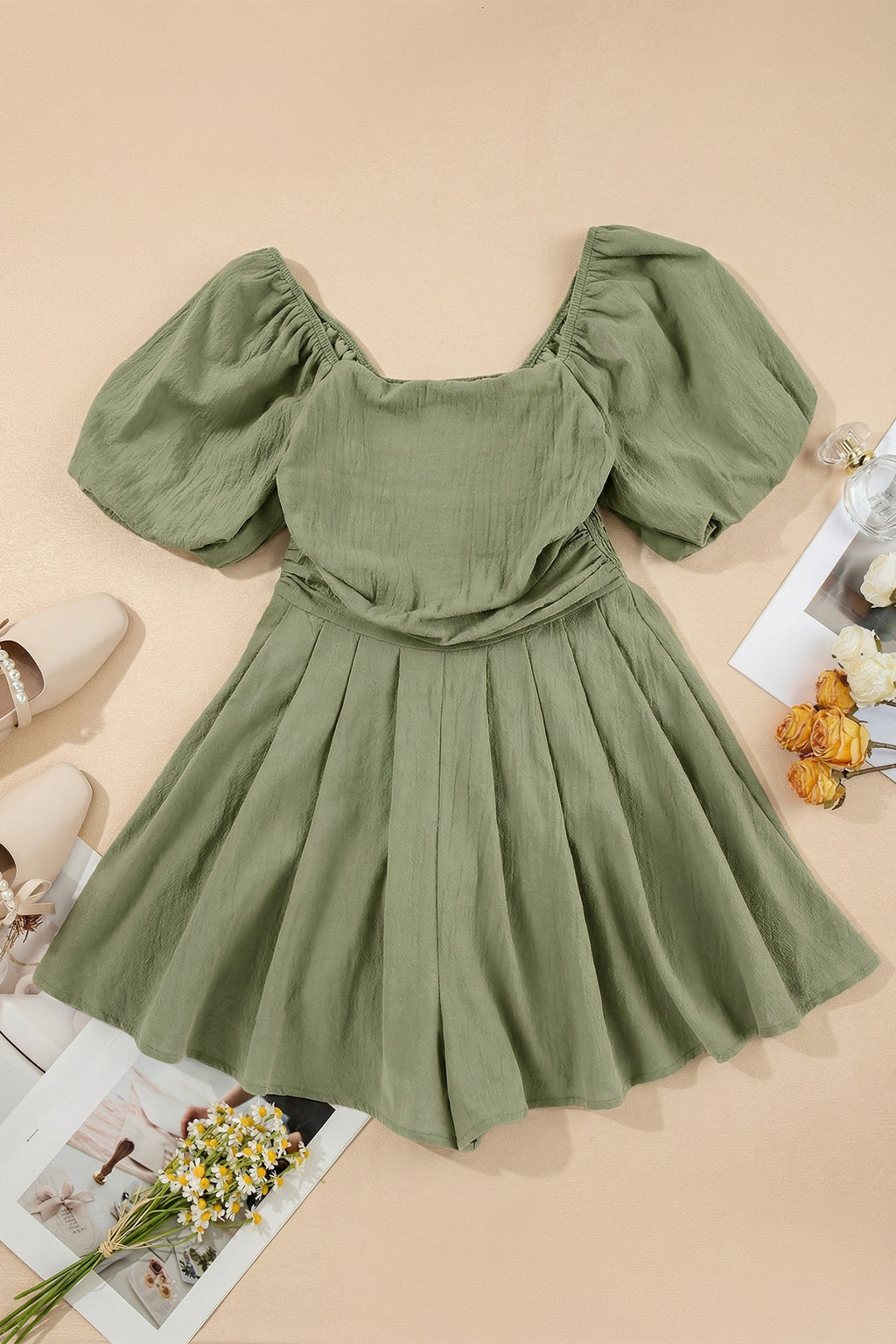 Valerian Square Neck Ruched Puff Sleeve Romper