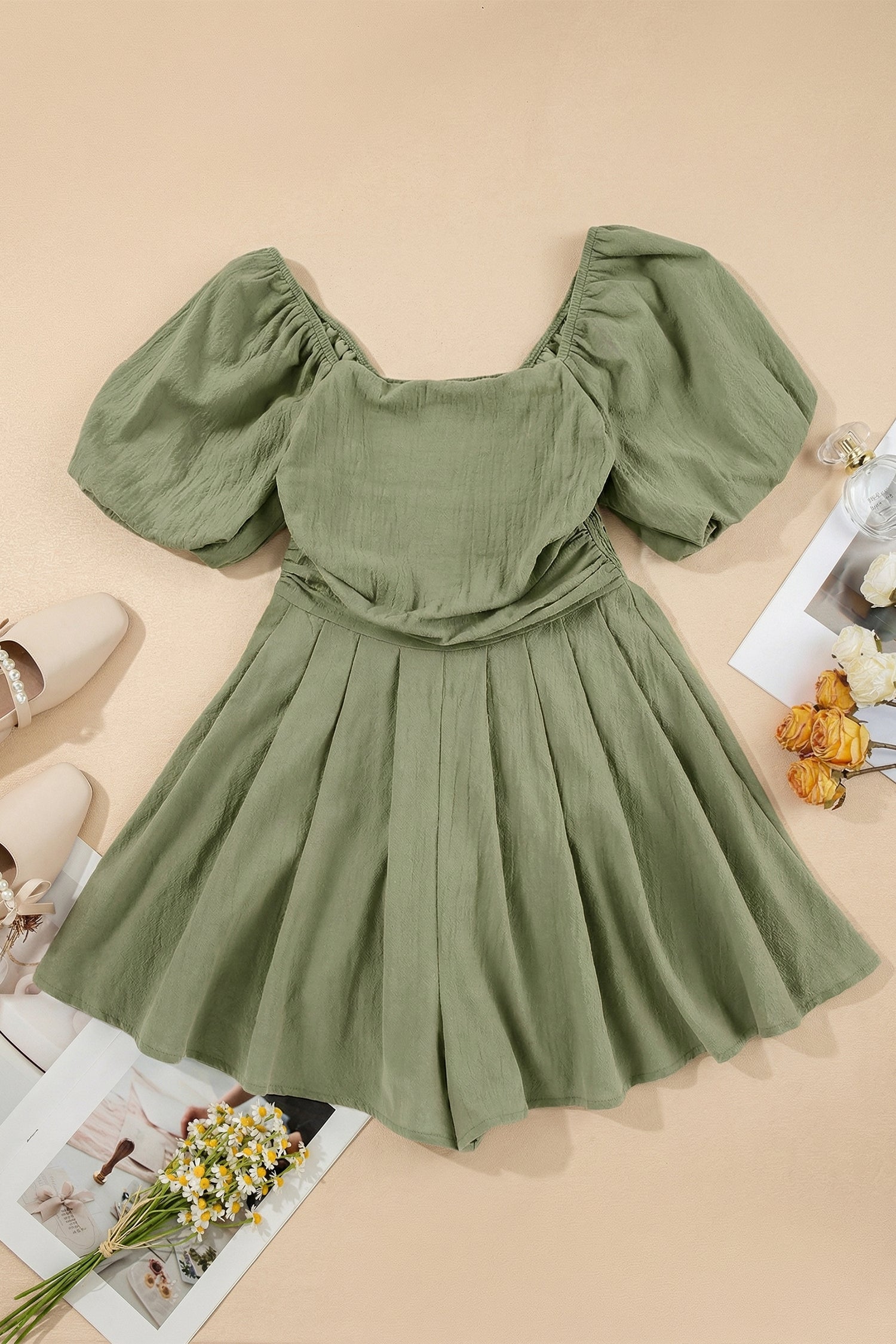 Valerian Square Neck Ruched Puff Sleeve Romper