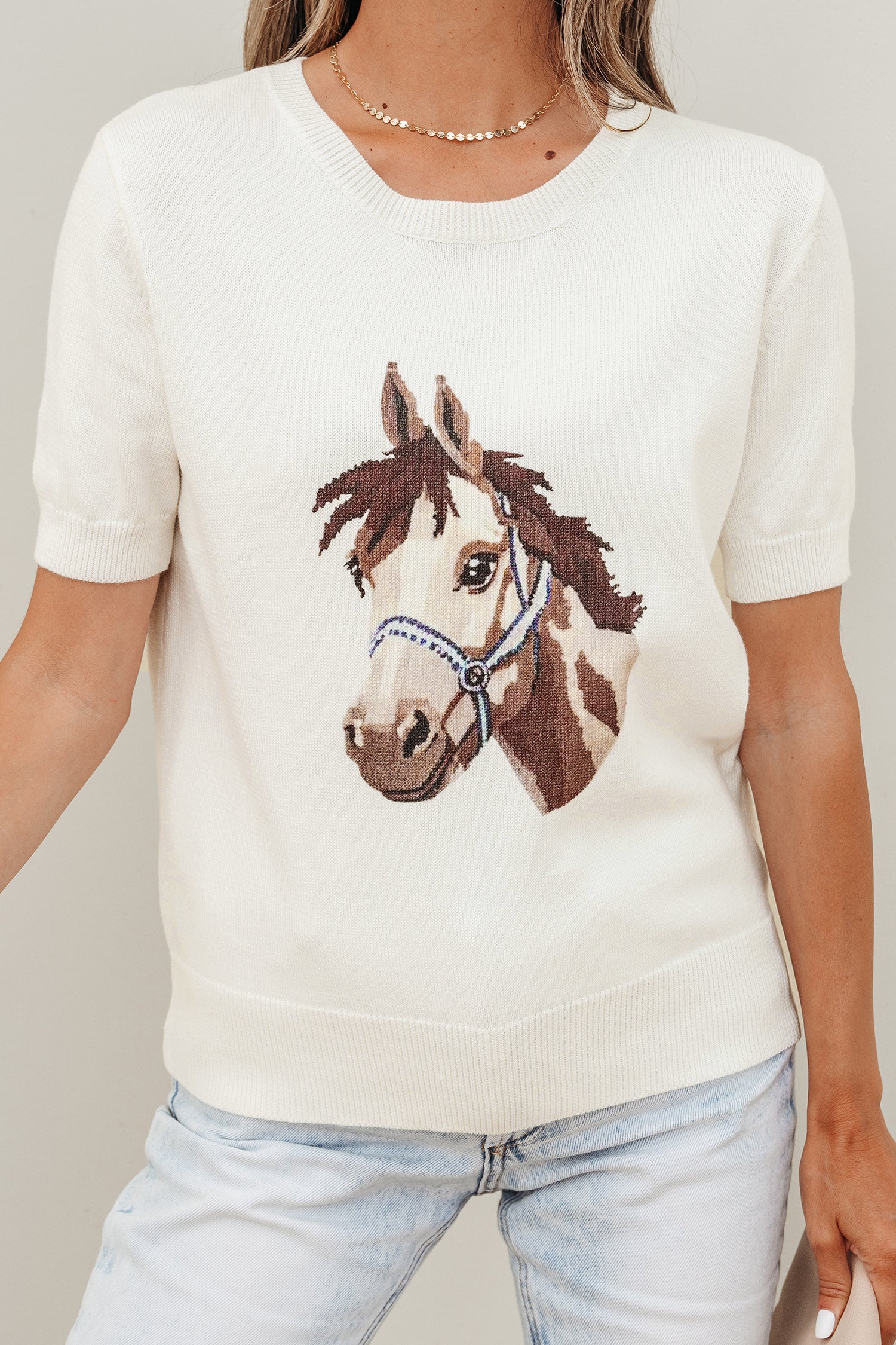 White Wild West Horse Head Printed Short Sleeve Sweater
