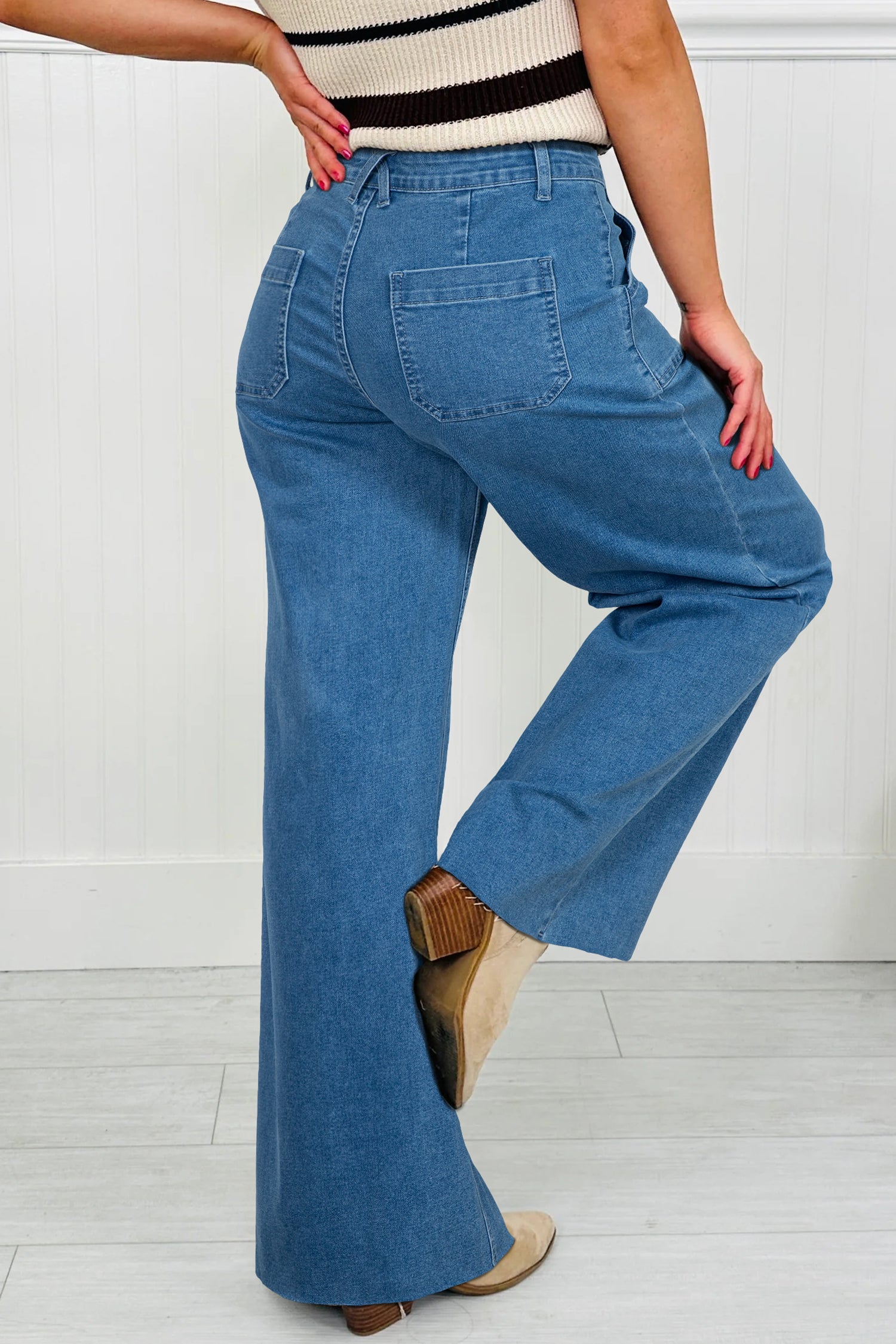 Dusk Blue Retro Washed Patch Pocket Stretchy Jeans