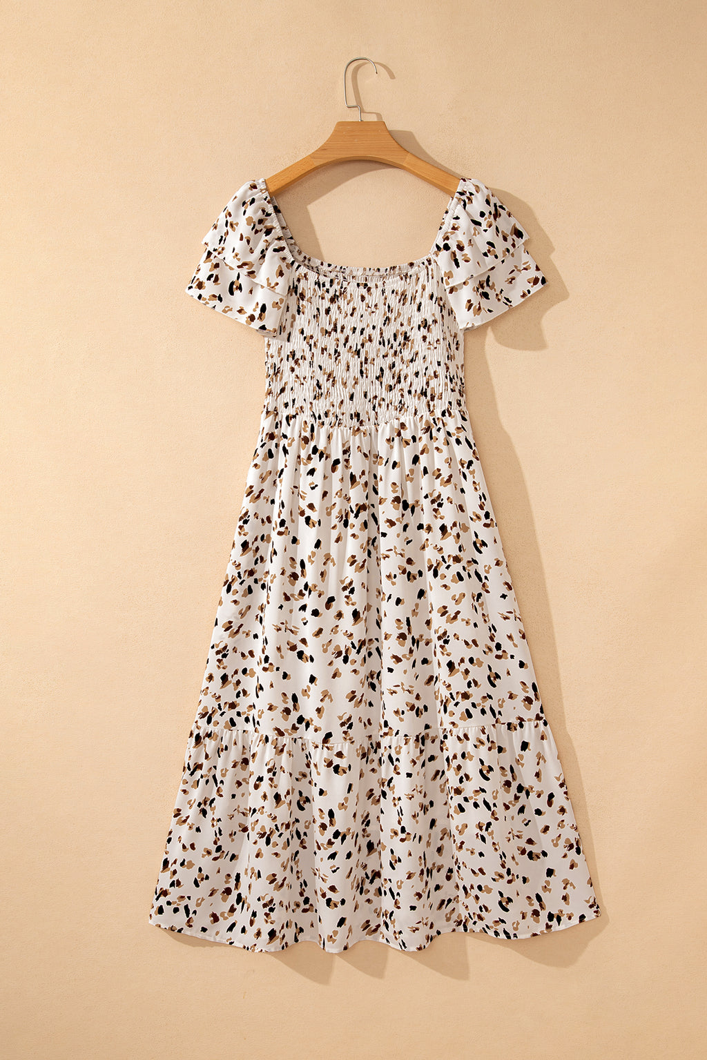 Beige Ditsy Floral Print Smocked Square Neck Ruffle Short Sleeve Dress