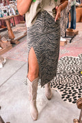 Brown Leopard Print Frayed Edge Denim Skirt Long Casual Daily Wear
