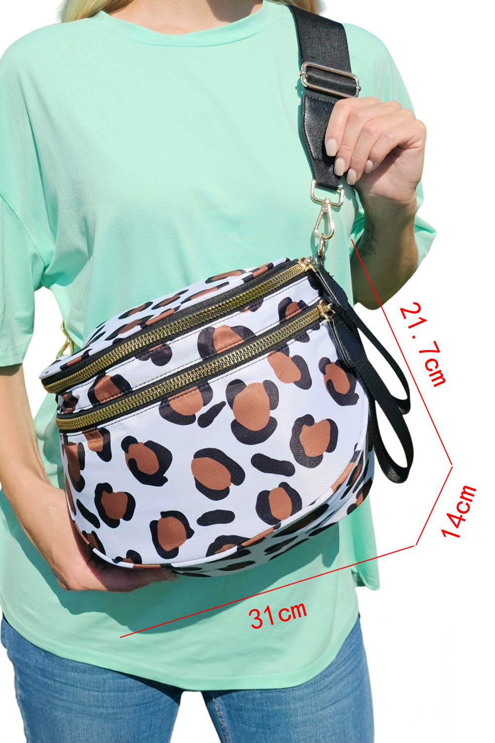 White Animal Spots Print Wide Strap Large Crossbody Bag
