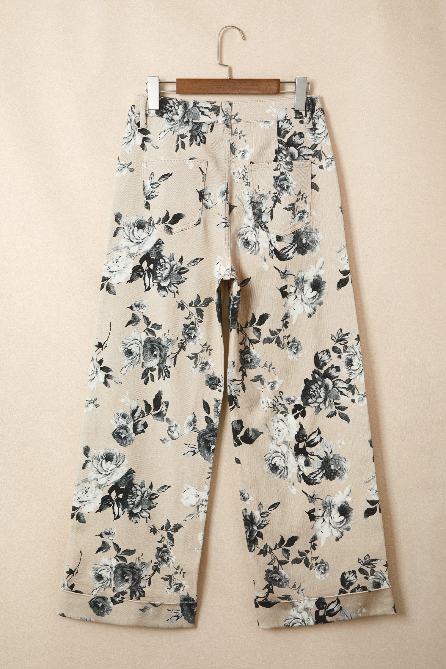 Beige Retro Floral Print Turn-up Cuffed Hem Loose Jeans