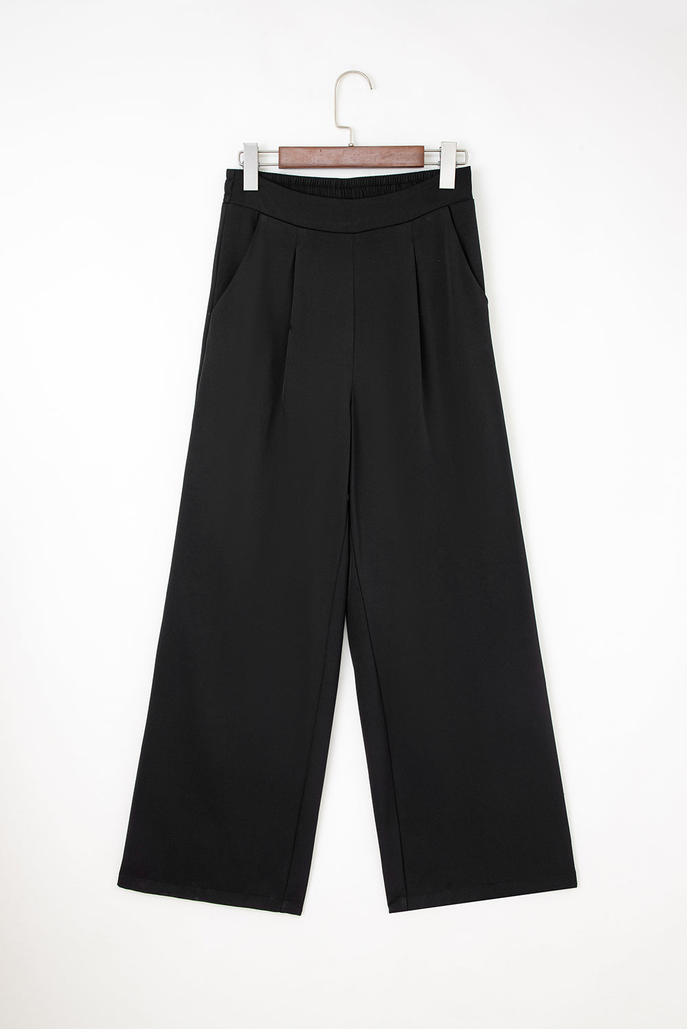 Black Pleated Detail Pull On High Elastic Waist Loose Straight Pants