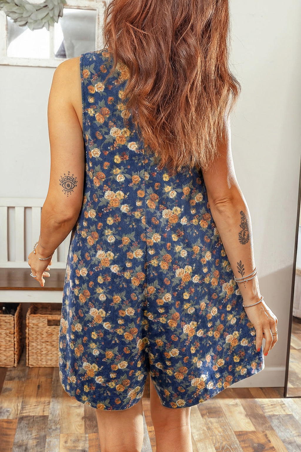 Blue Retro Floral Print Bow Tie V Neck Sleeveless Pleated Loose Denim Romper