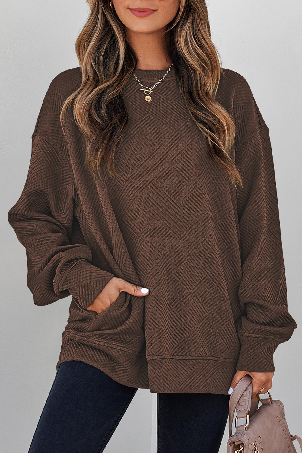 Black Solid Color Textured Round Neck Drop Shoulder Pullover Sweatshirt