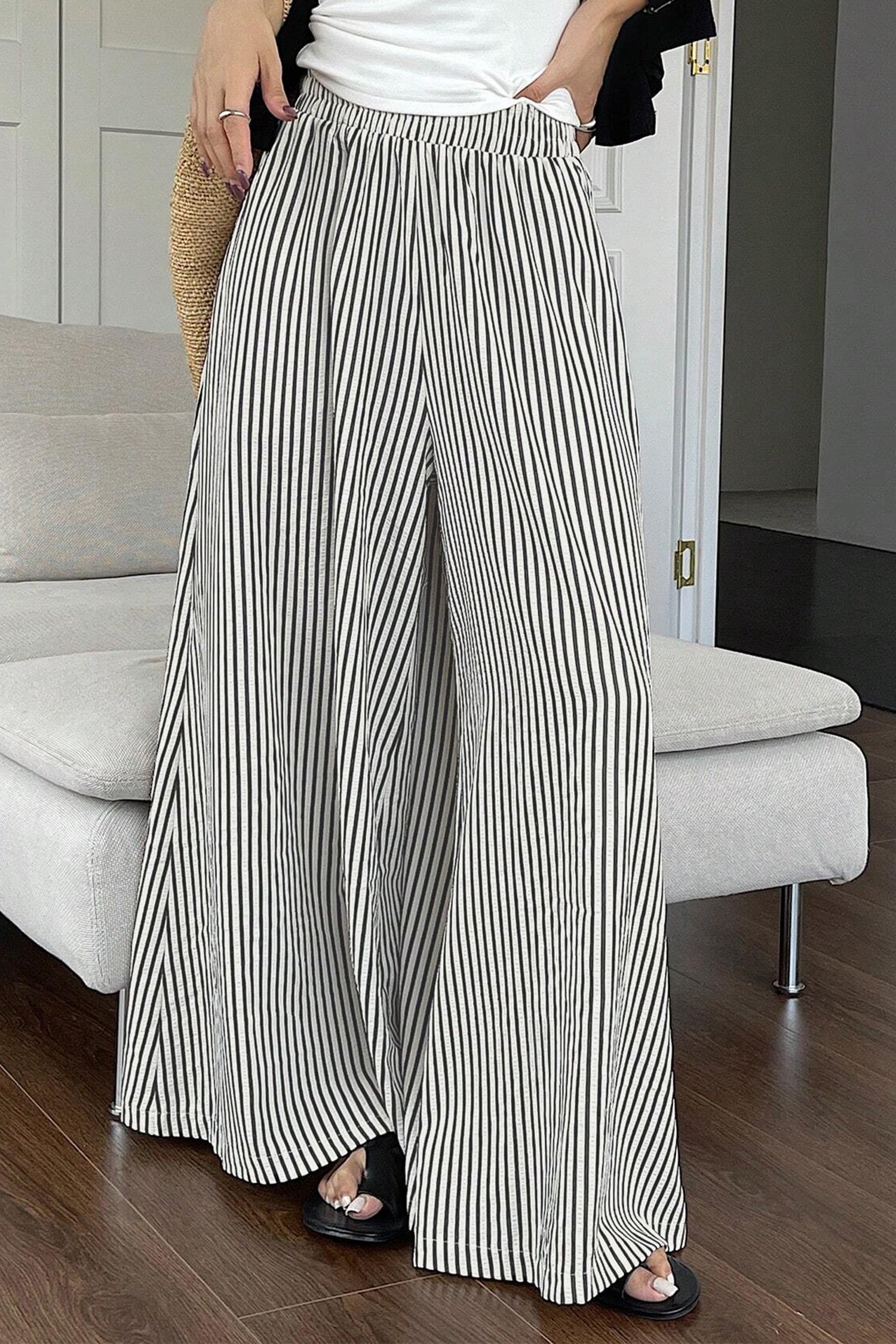 Black Stripe Elastic Waist Ultra Wide Leg Pants