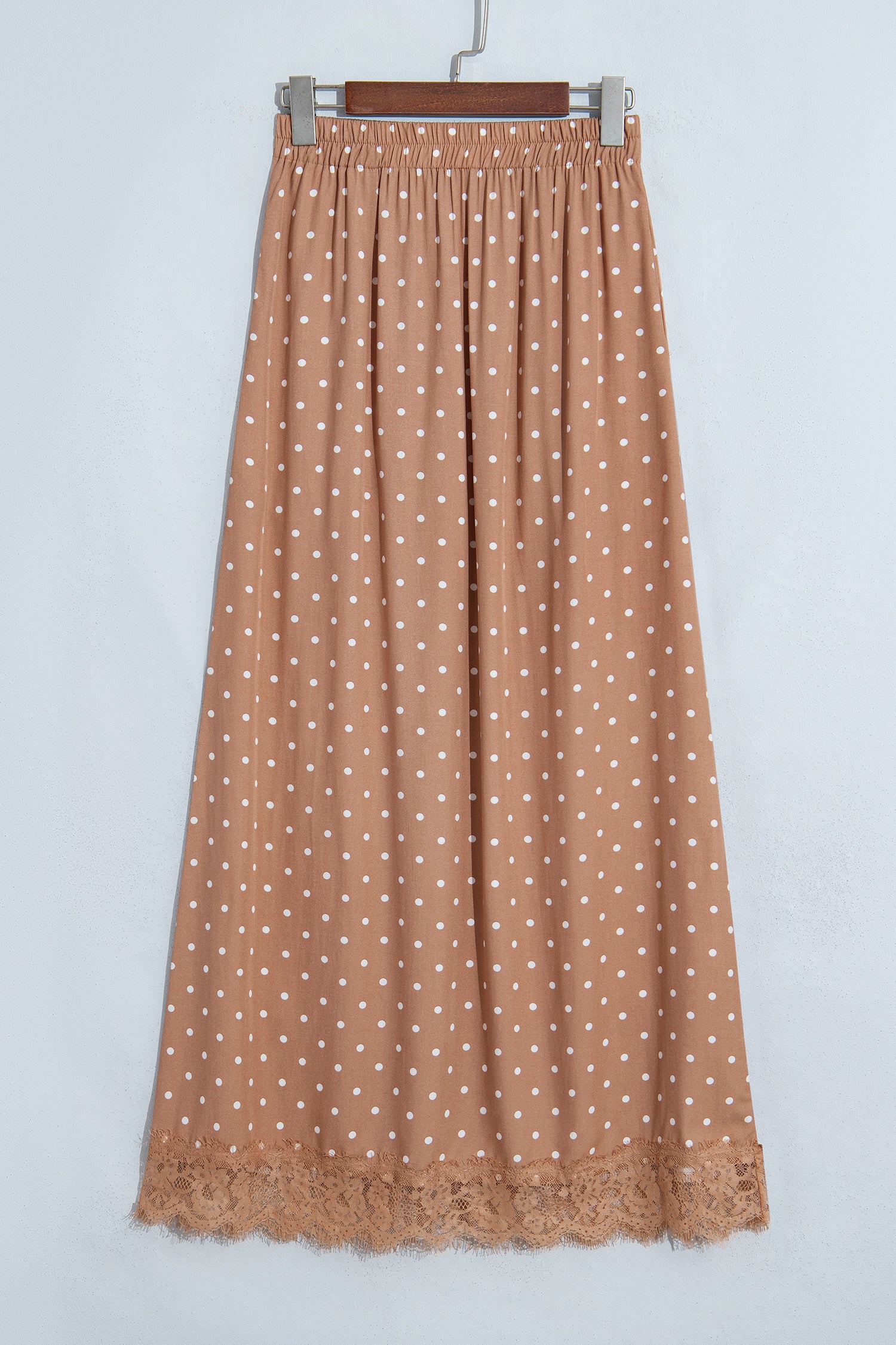 Brown Polka Dot Lace Hem Elegant Long Shift Skirt