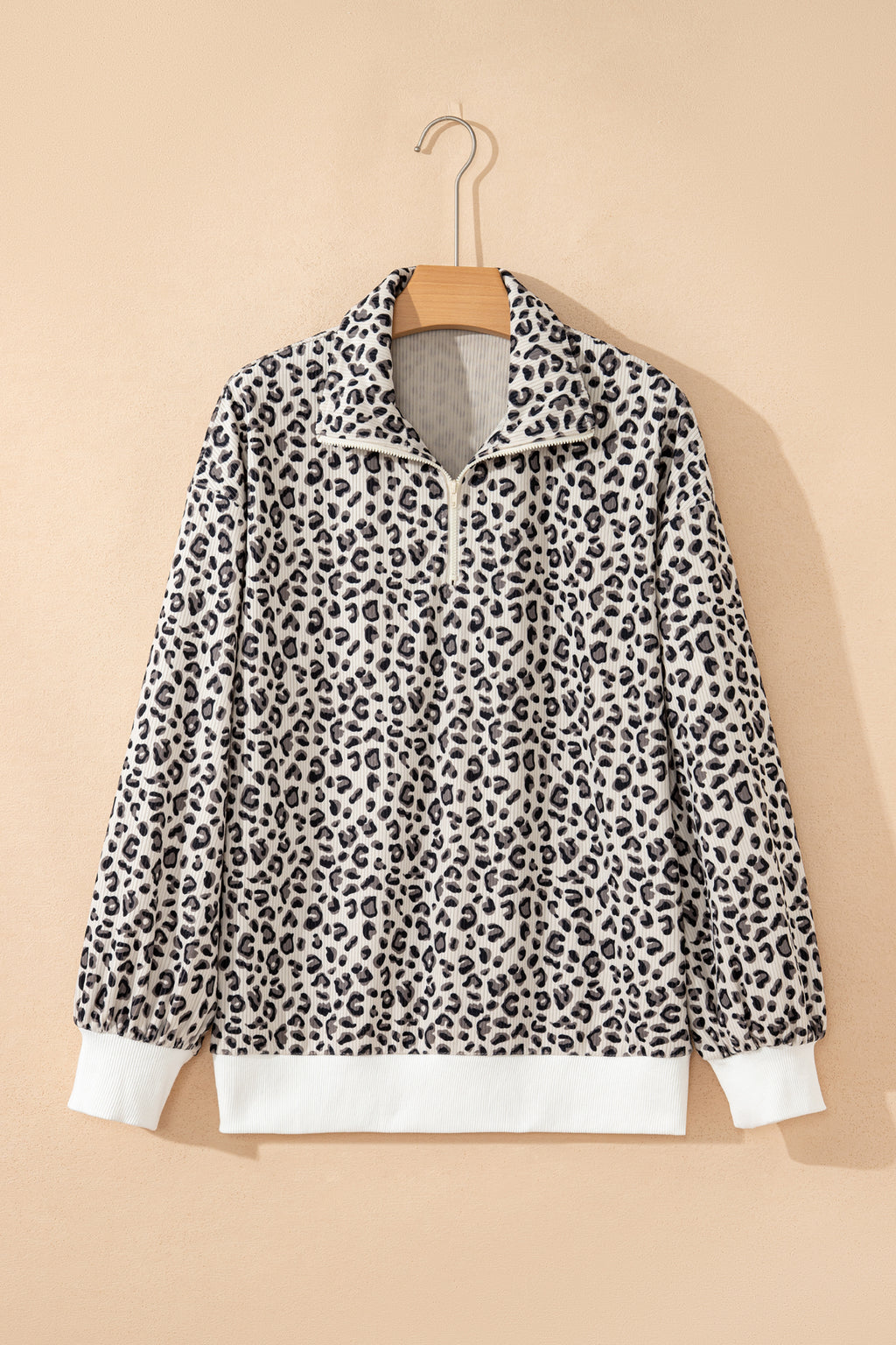 Brown Leopard Print Quarter Zip Corduroy Sweatshirt