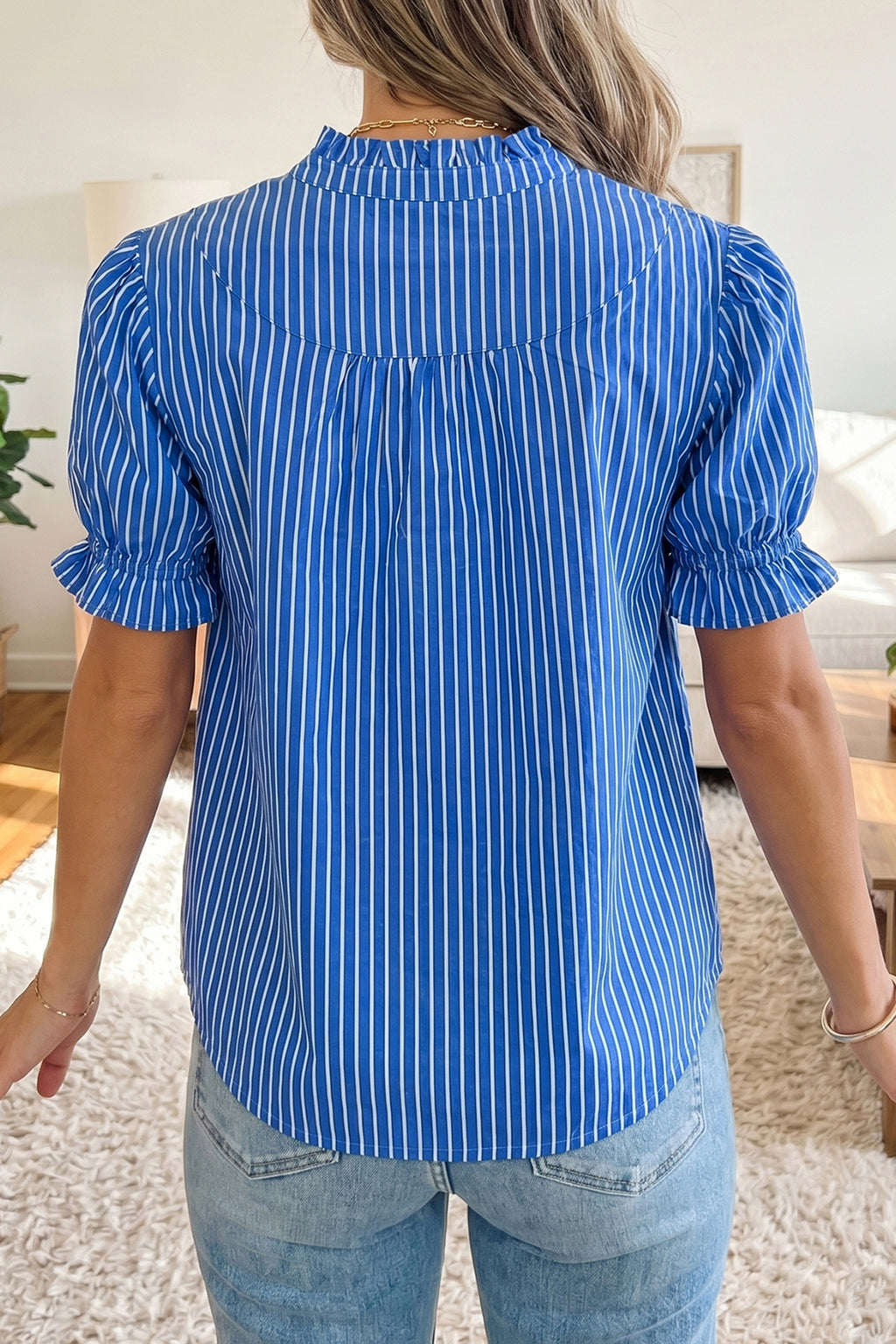Blue Stripe Ruffled Short Puff Sleeve Button Front Blouse