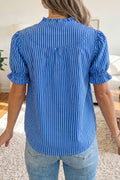 Blue Stripe Ruffled Short Puff Sleeve Button Front Blouse