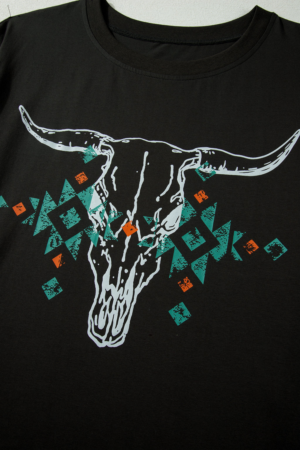 Carbon Grey Plus Size Western Aztec Bull Skull Printed T Shirt