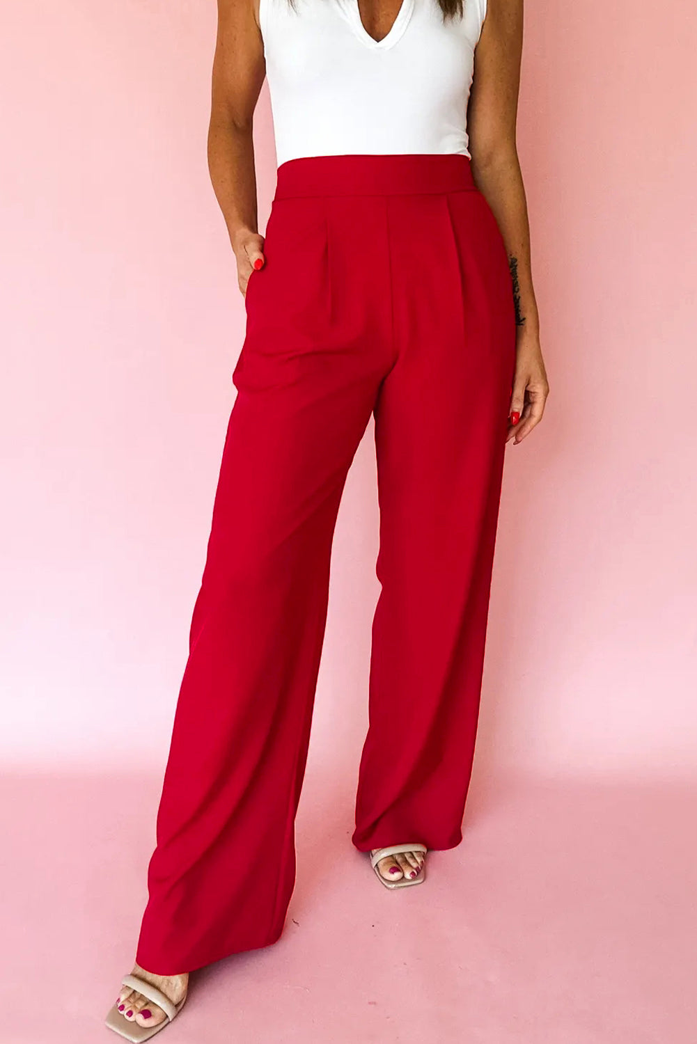 Black Pleated Detail Pull On High Elastic Waist Loose Straight Pants